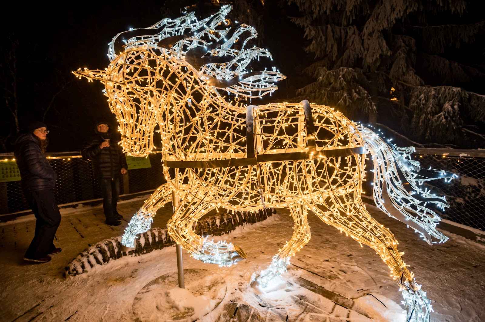 Scultura luminosa di un cavallo durante un'esposizione natalizia all'aperto con neve.